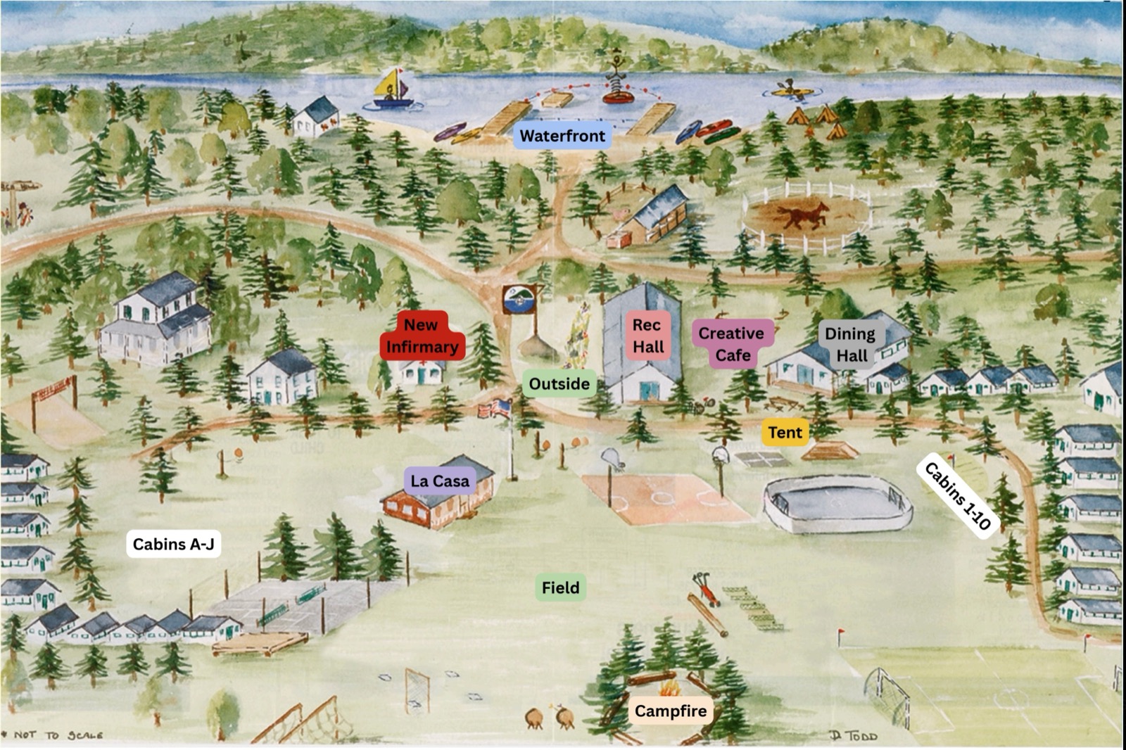 Watercolor map of Camp Birch Hill